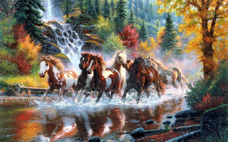 Horses Running in River — Green