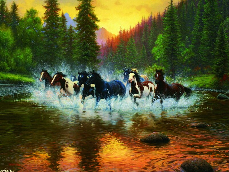 Horses Running in River — Yellow
