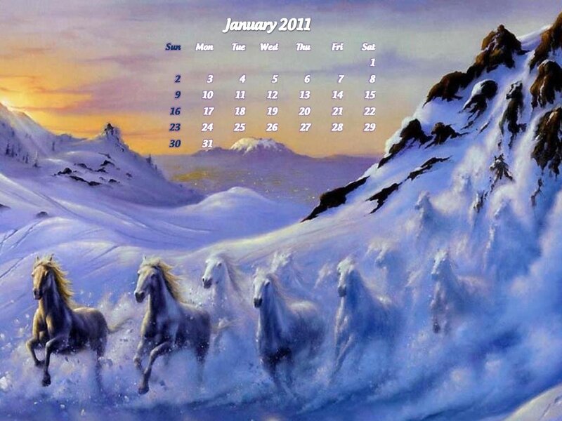 Horses Running in Snow — Blue, Dramatic