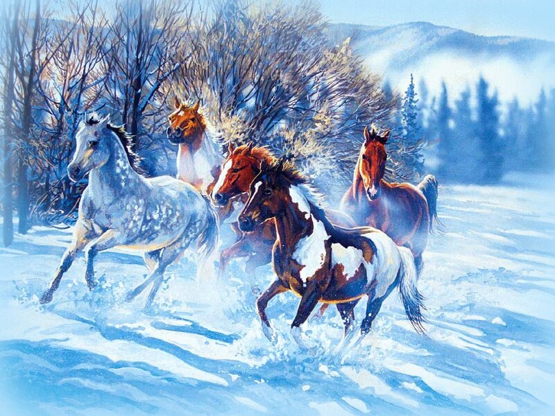 Horses Running in Snow — Blue, Dynamic, Winter