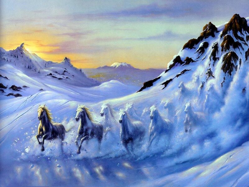 Horses Running in Snow — Blue