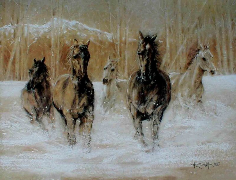 Horses Running in Snow — Brown, Dynamic, Winter