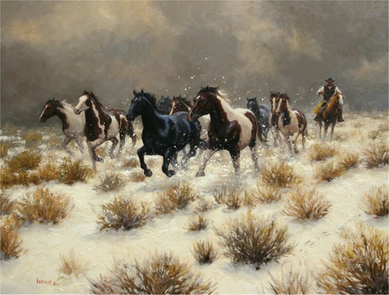 Horses Running in Snow — Brown