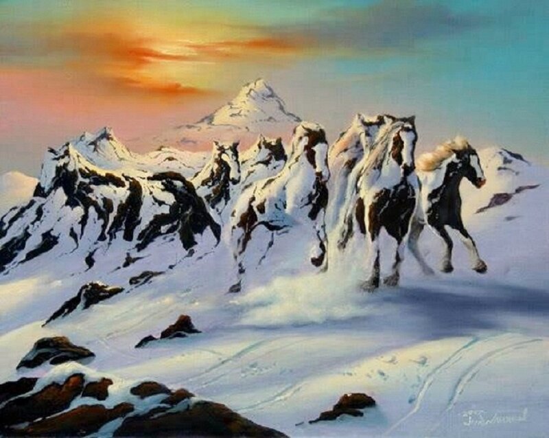 Horses Running in Snow — White, Dramatic, Sunset
