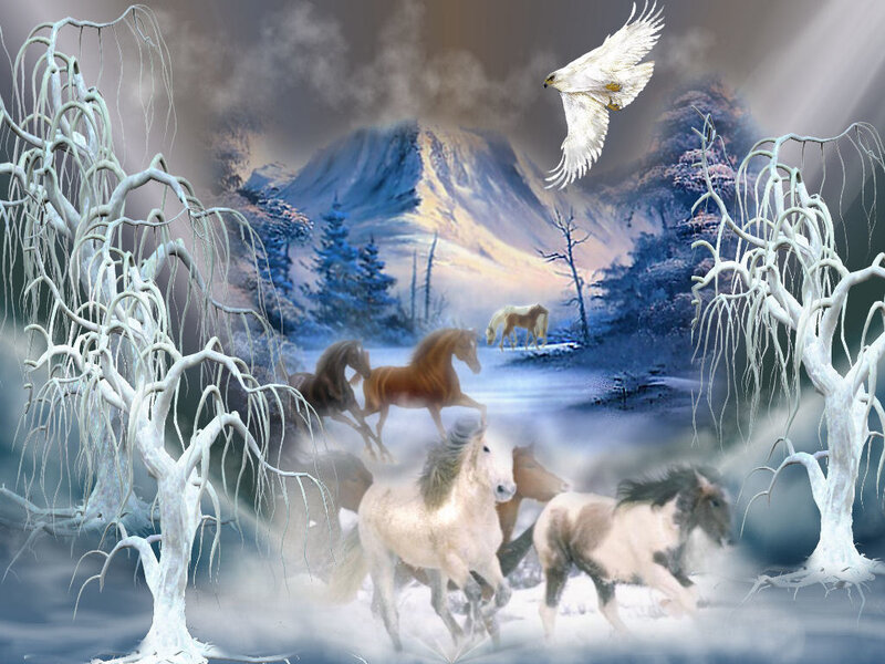 Horses Running in Snow — White, Dramatic