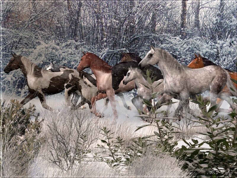 Horses Running in Snow — White, Dynamic, Winter, Digital Art, Trees