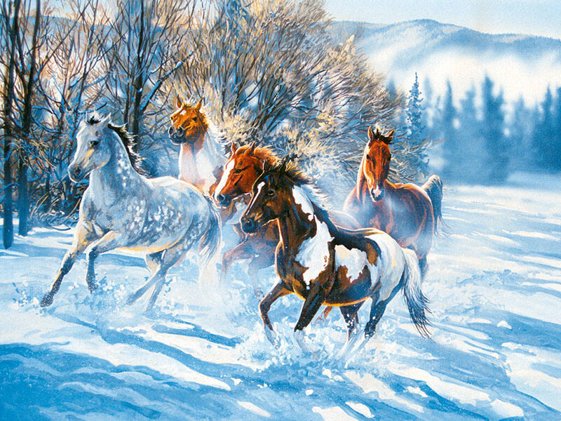 Horses Running in Snow — White, Dynamic, Winter, Painting