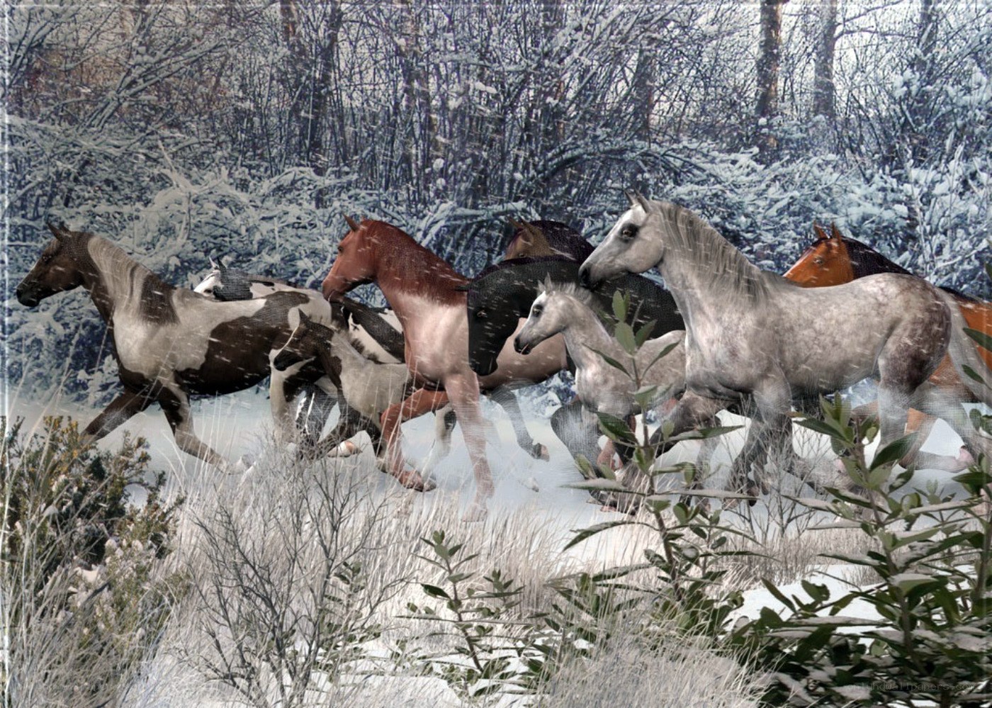 Horses running in snowy forest