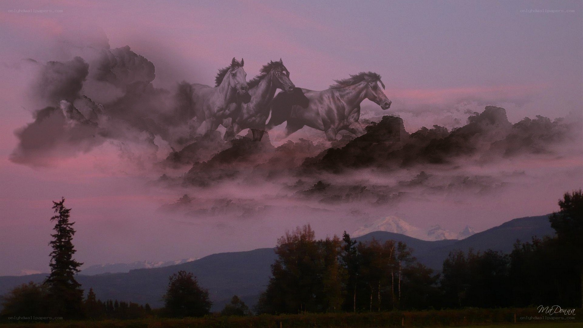 Horses running in the clouds
