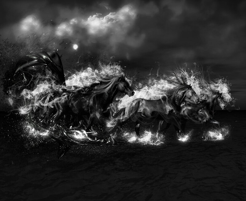 Horses Running in Water — Black, Dramatic