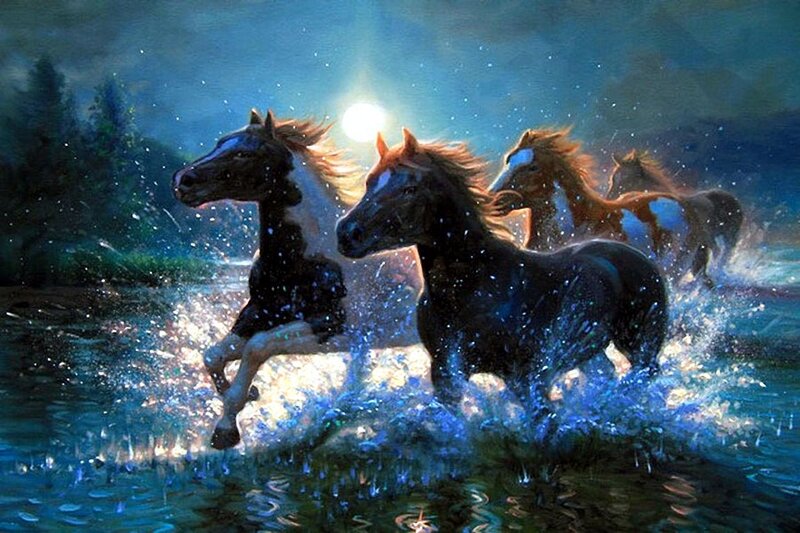 Horses Running in Water — Blue, Dramatic, Night, Painting