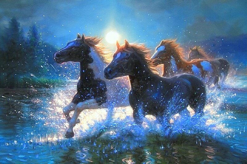 Horses Running in Water — Blue, Dramatic, Night