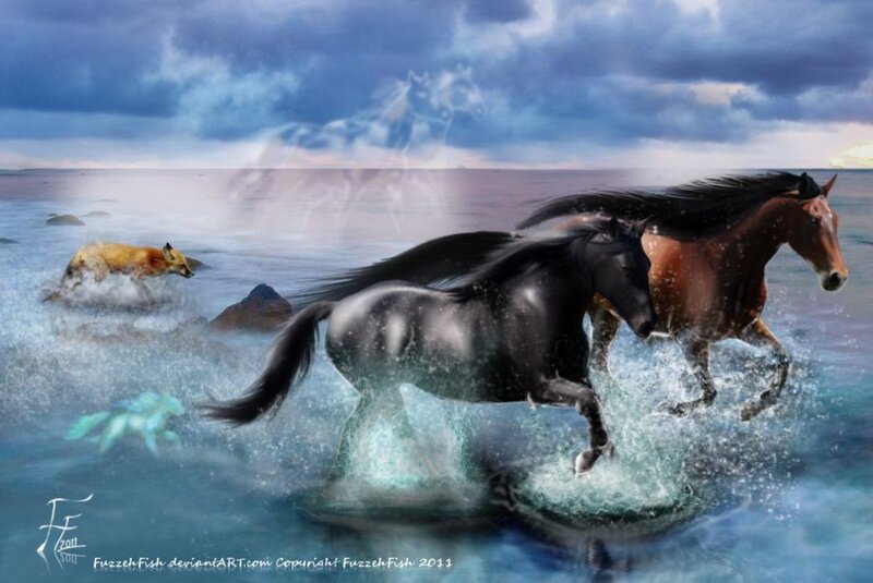 Horses Running in Water — Blue, Dramatic