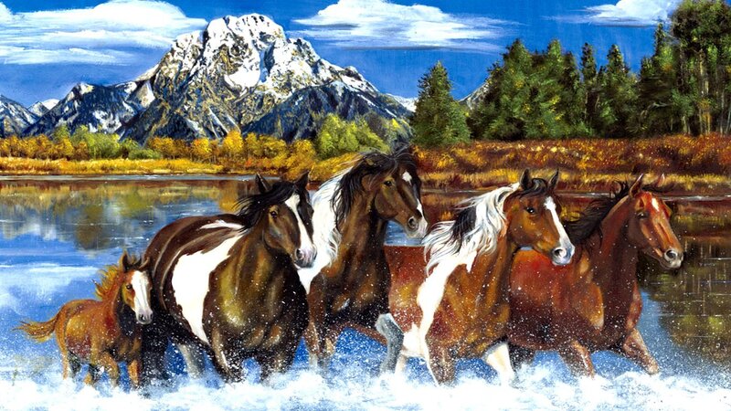 Horses Running in Water — Blue