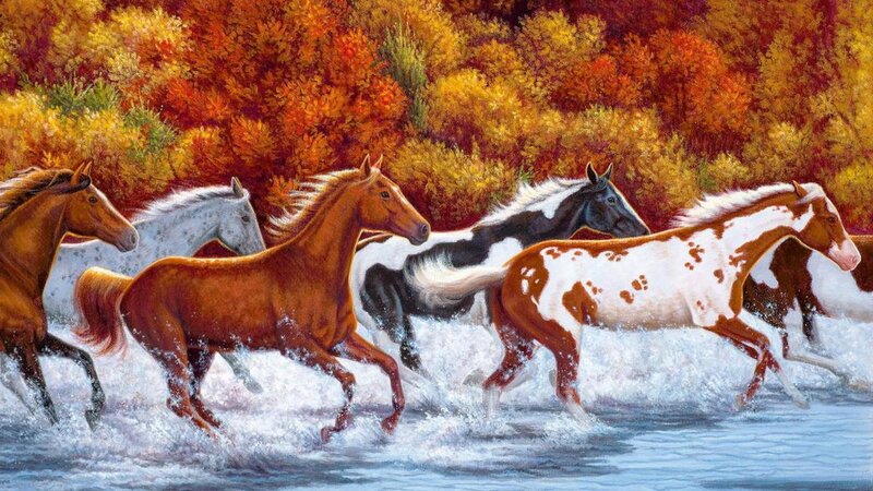 Horses Running in Water — Brown, Dynamic, Autumn