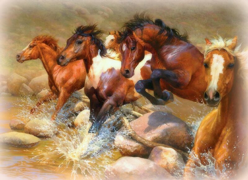 Horses Running in Water — Brown, Dynamic, Painting