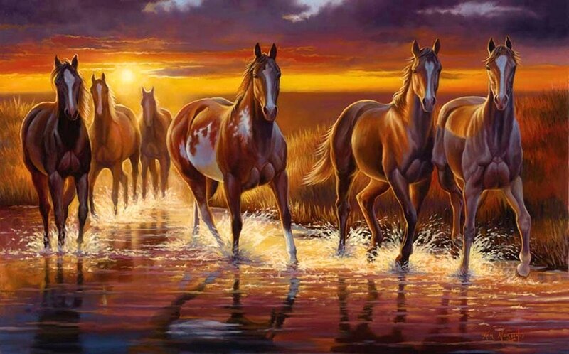 Horses Running in Water — Orange, Dramatic, Sunset, Painting