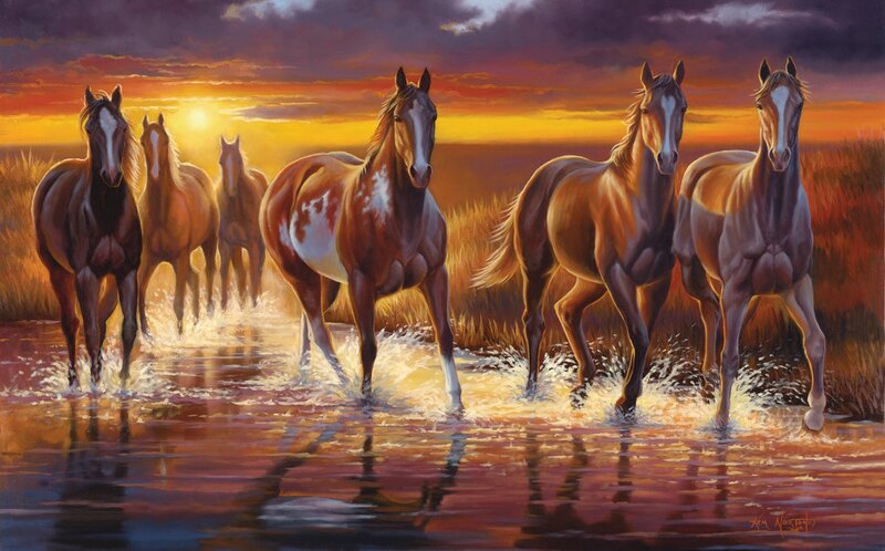 Horses Running in Water — Orange, Dramatic