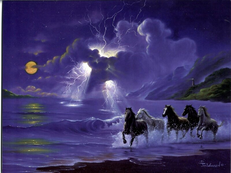 Horses Running in Water — Purple, Dramatic, Night