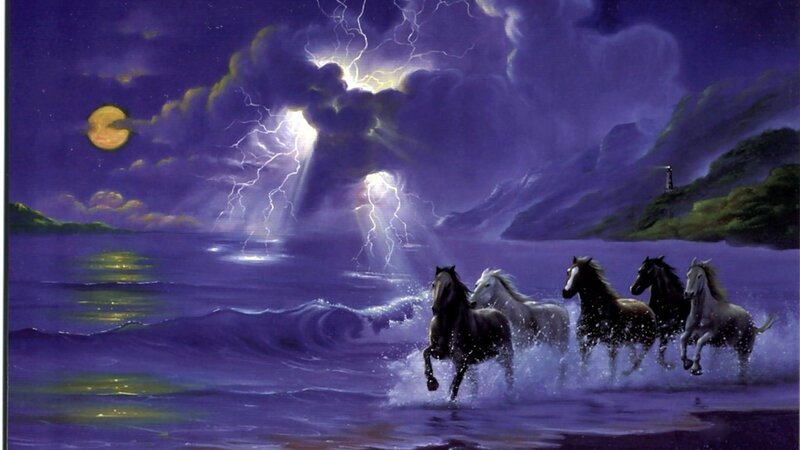 Horses Running in Water — Purple