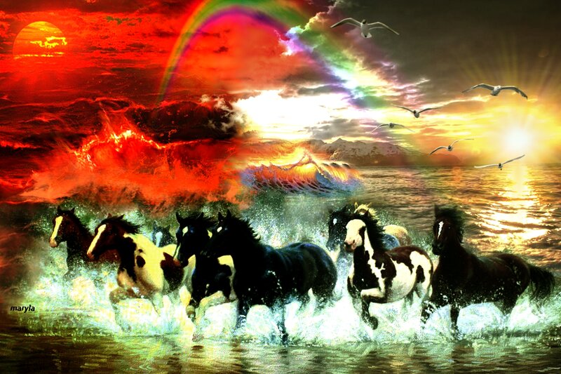 Horses Running in Water — Red