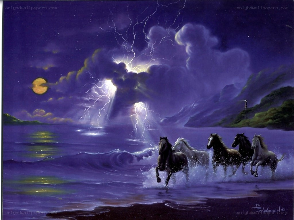 Horses Running on Beach at Night