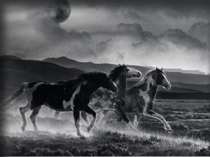 horses running under moon