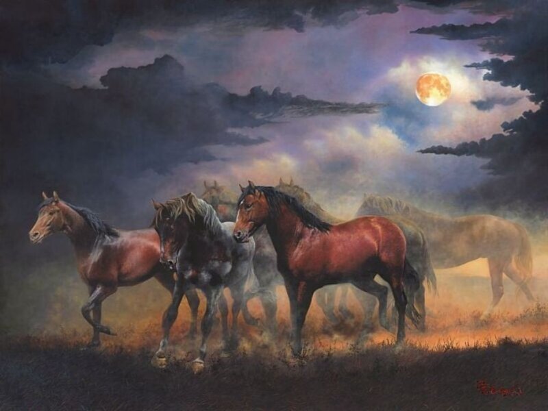 Horses Running Under Moonlight