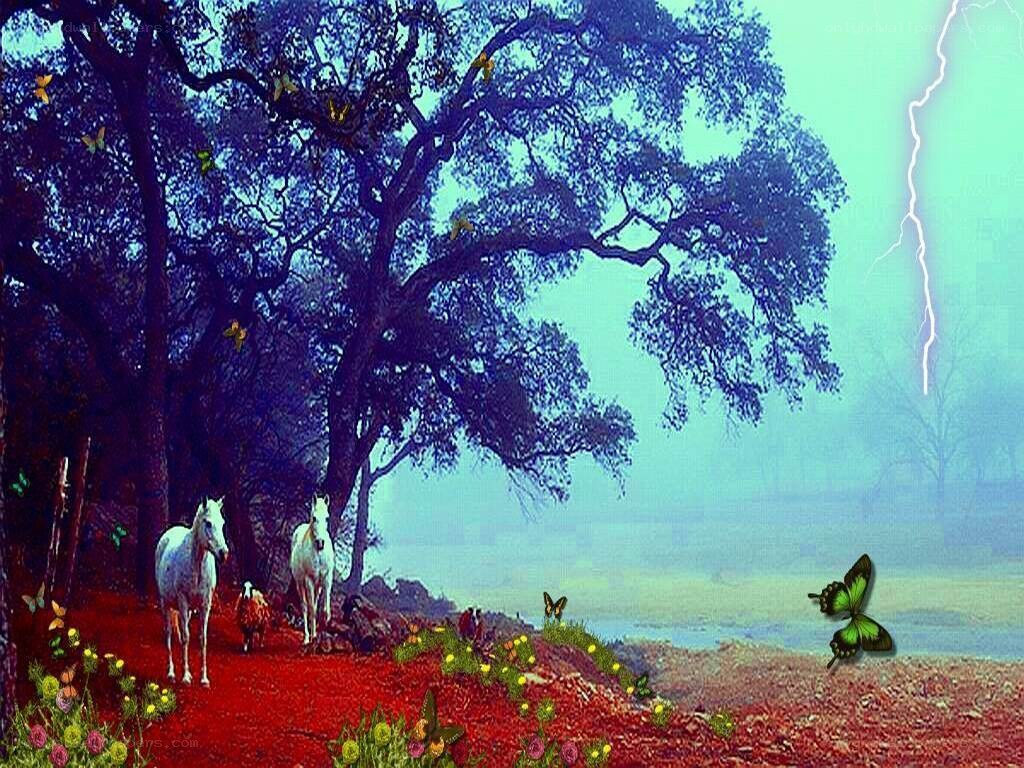 Horses under a stormy sky