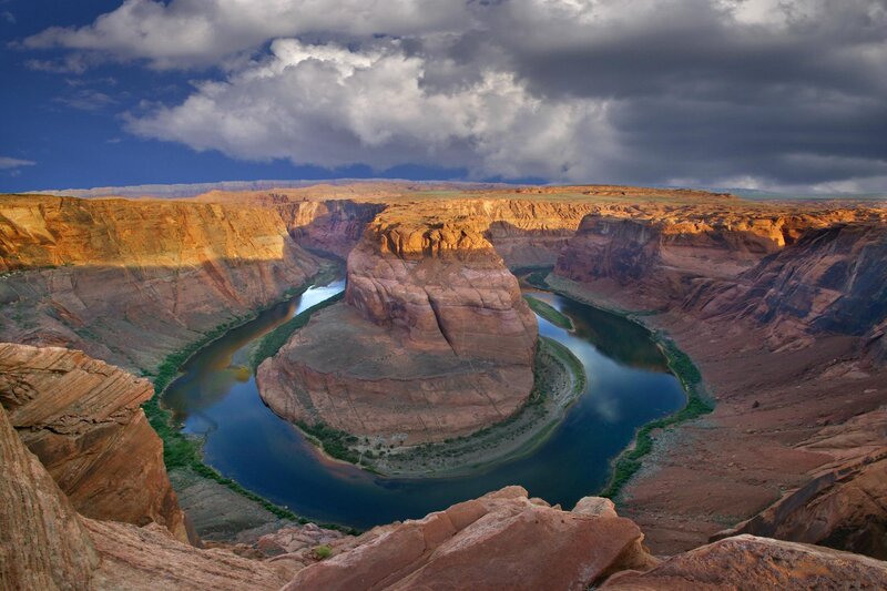Horseshoe Bend Canyon — Blue, Dramatic, Afternoon, Photograph, River, Cliffs, Clouds