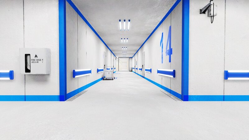 hospital corridor with fire hose