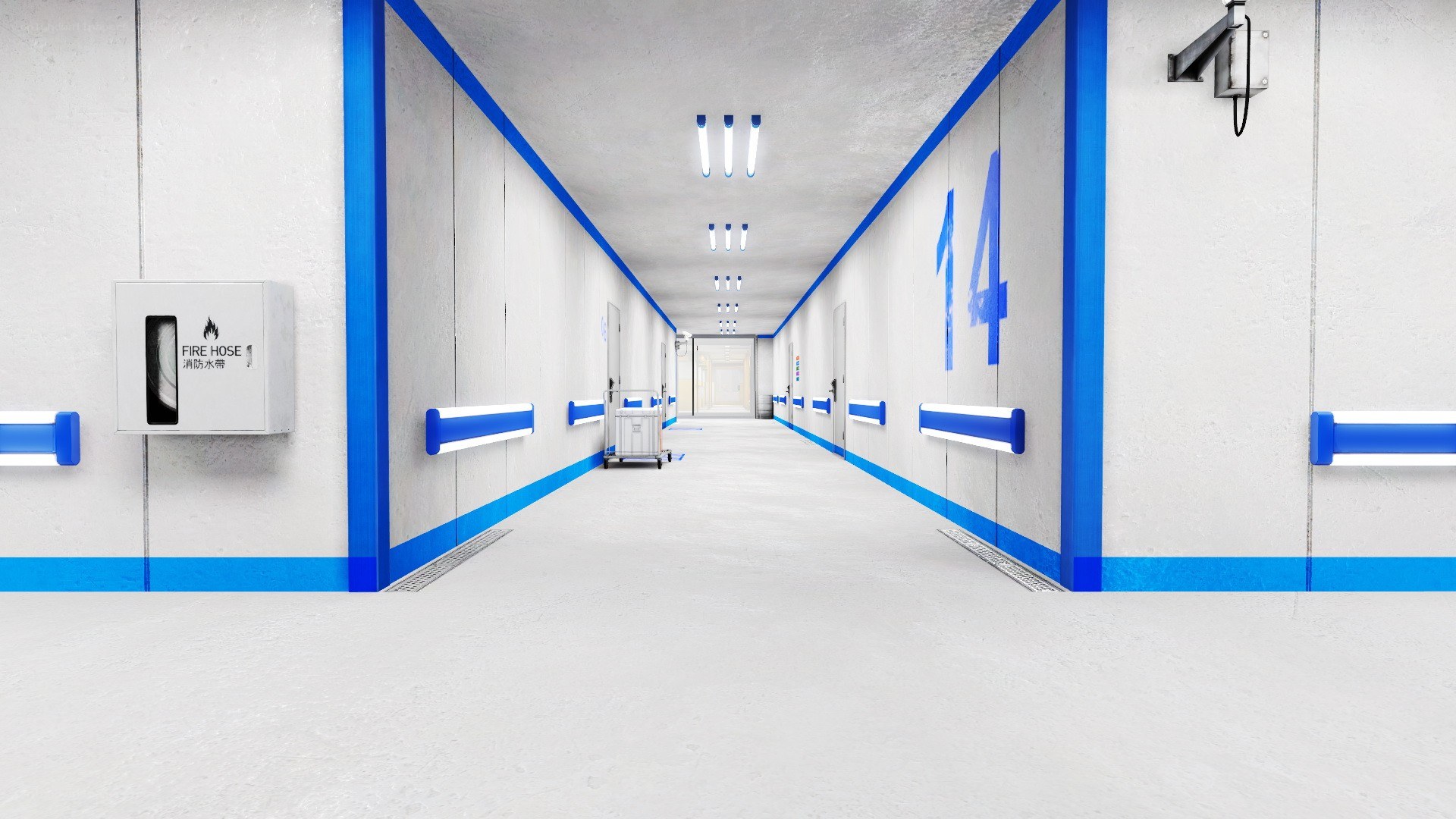 hospital corridor with fire hose