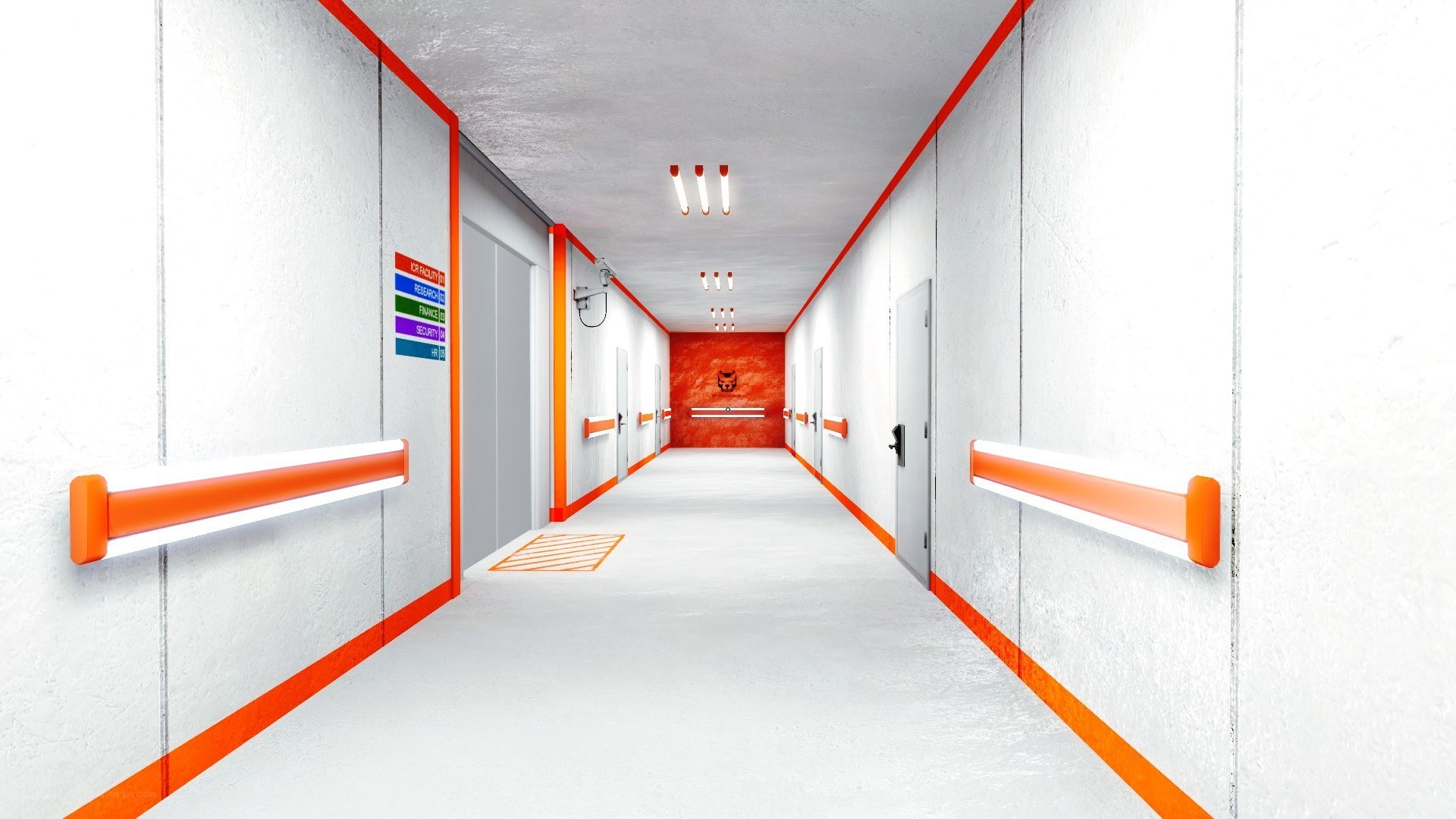 hospital corridor with orange accents