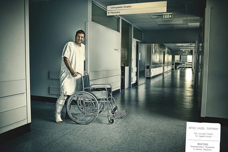 Hospital patient with leg cast