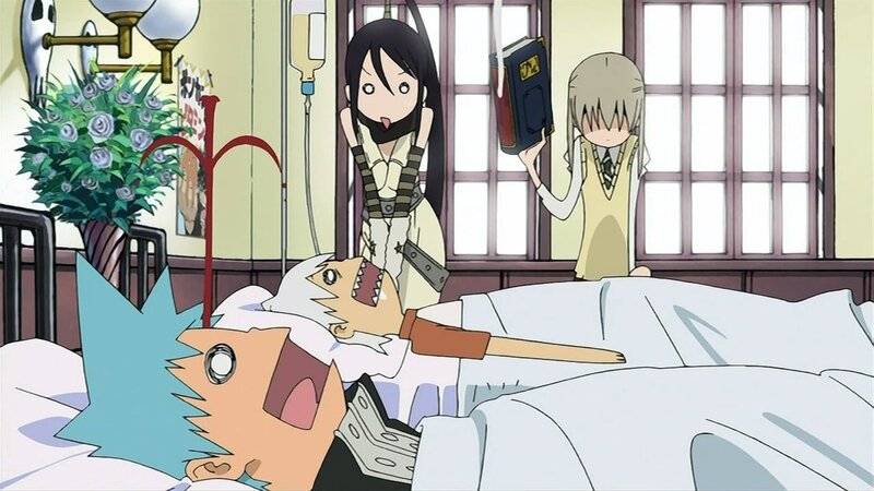 Hospital room scene with anime characters