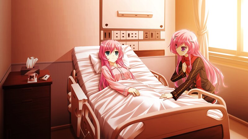 Hospital room with pink-haired girls