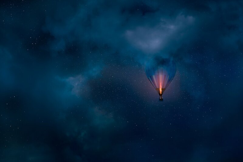 Hot Air Balloon at Night — Blue, Serene