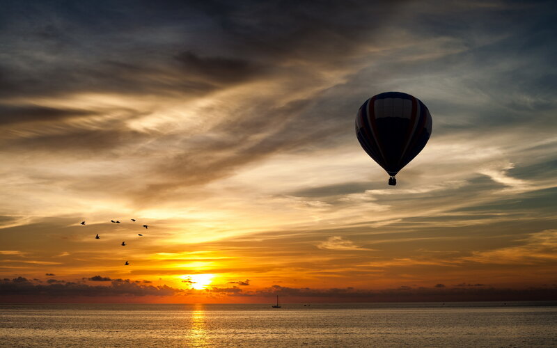 Hot Air Balloon at Sunset — Orange, Serene, Photograph, Birds