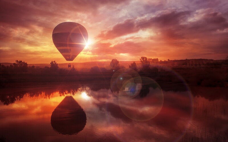 Hot Air Balloon at Sunset — Orange, Serene, Photograph, Sun