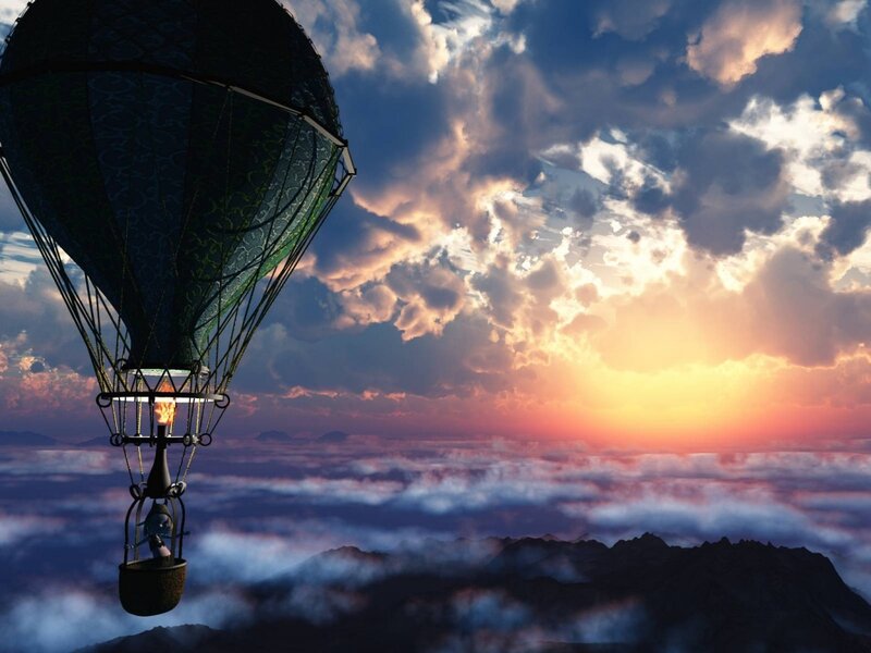 Hot Air Balloon — Blue, Dramatic, Sunset, Digital Art