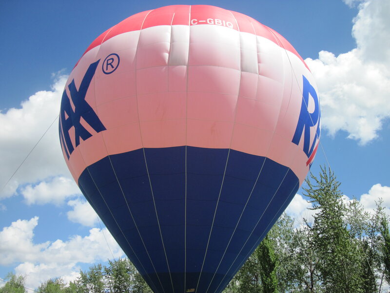 Hot Air Balloon — Blue, Serene, Afternoon, Photograph, Sky, Trees