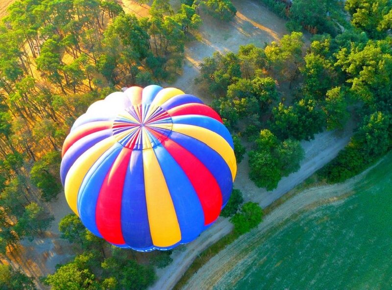 Hot Air Balloon — Blue, Serene, Morning, Photograph, Trees