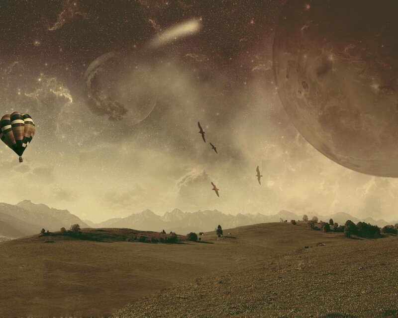 Hot Air Balloon in Alien Sky — Brown