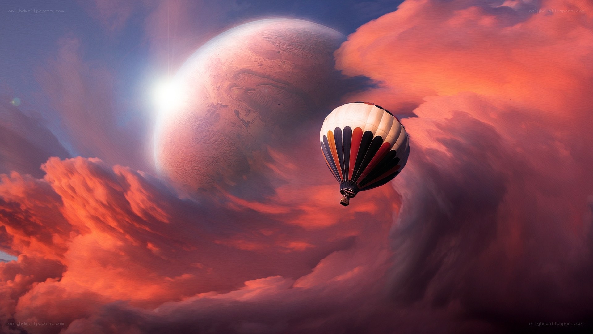 Hot air balloon in alien sky