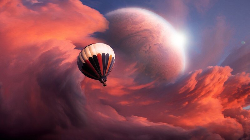 Hot Air Balloon in Clouds — Red