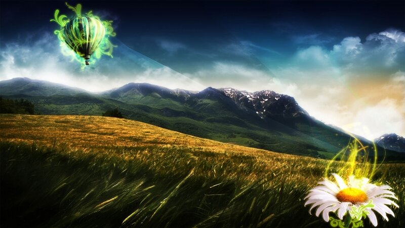 Hot Air Balloon in Field — Green, Dramatic, Afternoon