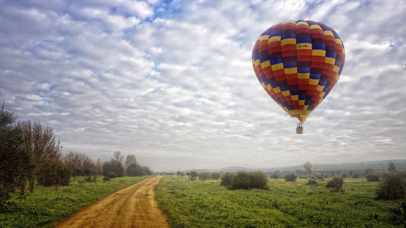 Hot Air Balloon in Field — Green, Serene, Morning