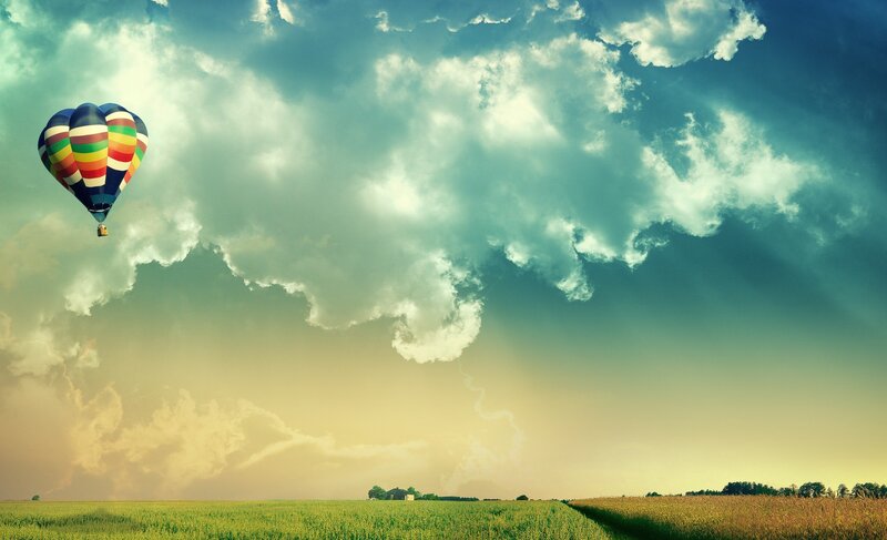 Hot Air Balloon in Sky — Blue, Dramatic, Afternoon