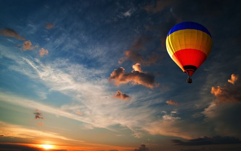 Hot Air Balloon in Sky — Blue, Dramatic, Sunset, Photograph, Clouds