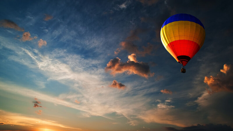 Hot Air Balloon in Sky — Blue, Dramatic, Sunset